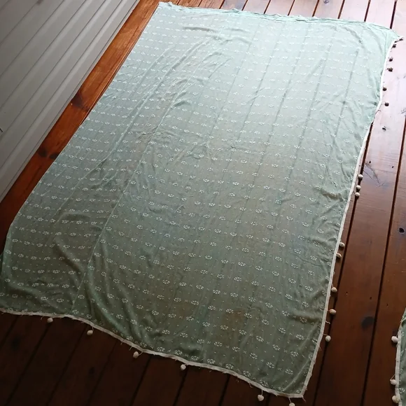 True antique vintage 1930's 40's mint green pom pom curtains 60 x 79